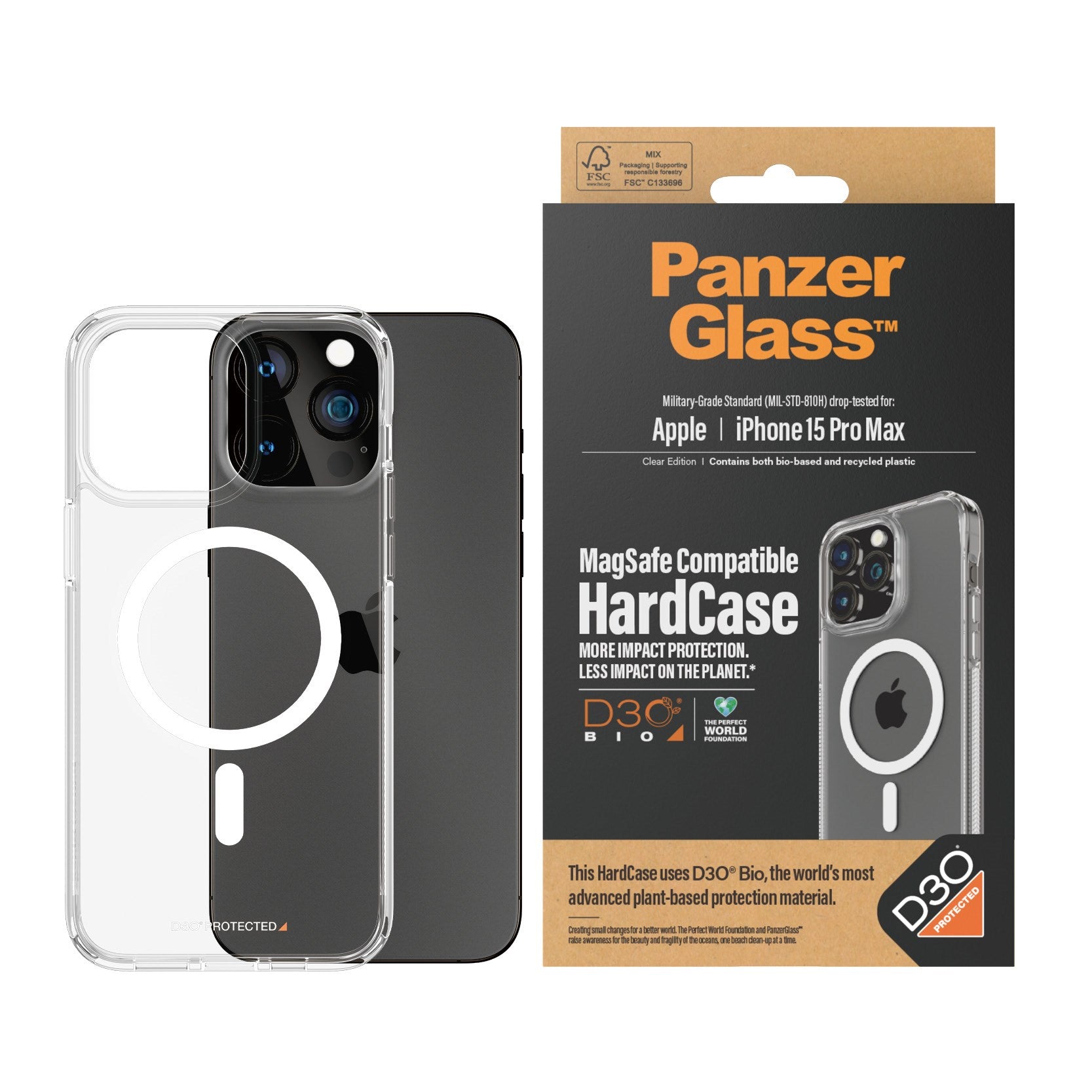 PanzerGlass® HardCase Transparent w. White MagSafe & D3O® iPhone 15 Pro Max